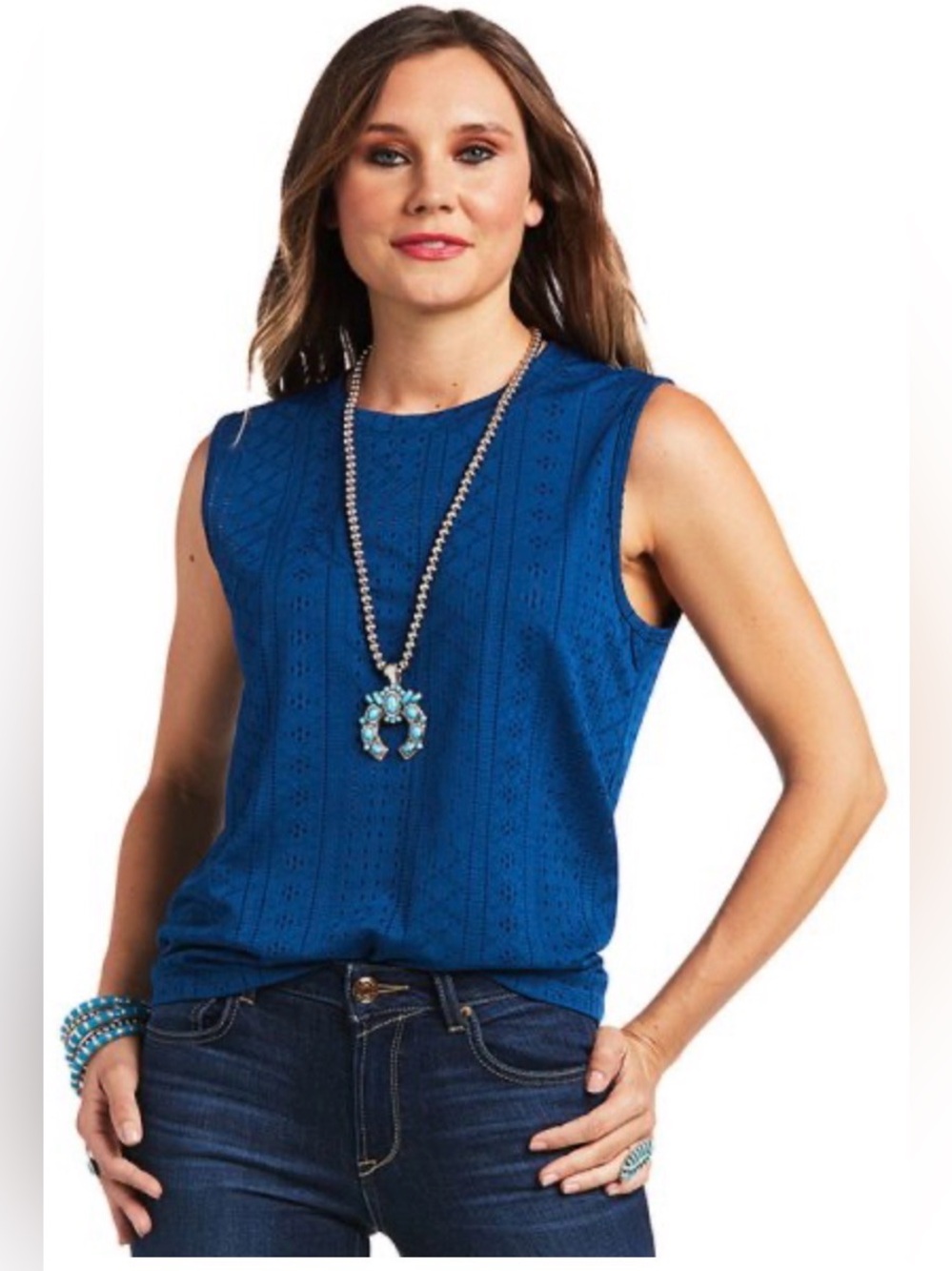 Ariat Sleeveless Tie Back Eyelet Top size XL blue